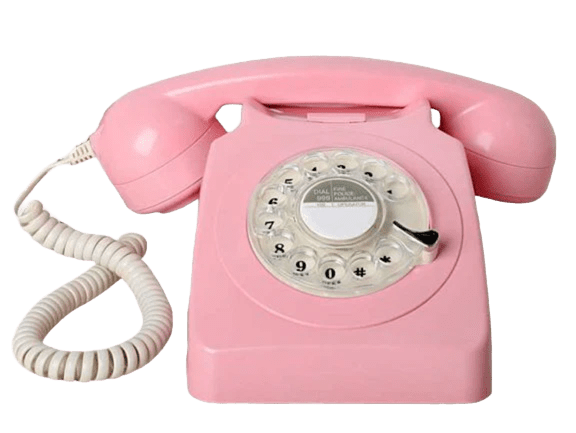 Téléphone vintage rose à cadran rotatif, style rétro.